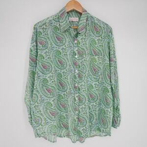 Mary Marshmallow Shirt Womens Large Green Paisley Button Up Cotton Top